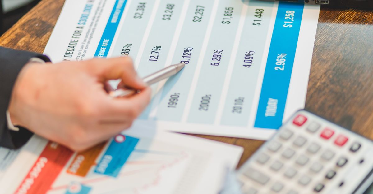Close-up of financial documents with charts and a calculator used for business analysis.