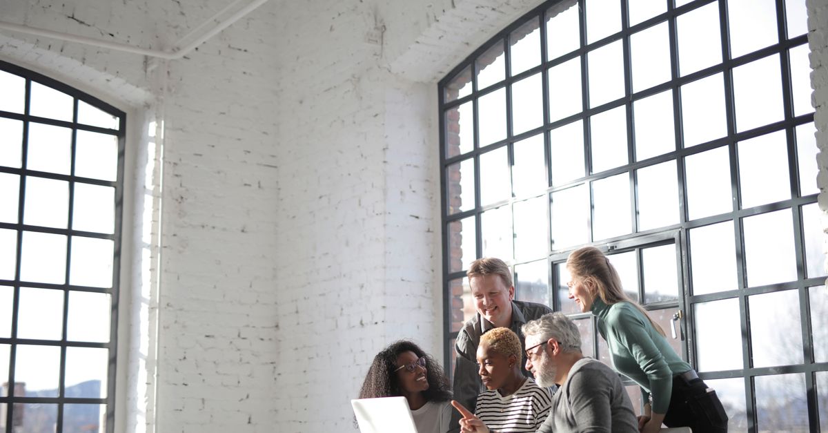 Group of diverse colleagues of different ages discussing business ideas while working on laptop in creative workplace and looking at screen during work