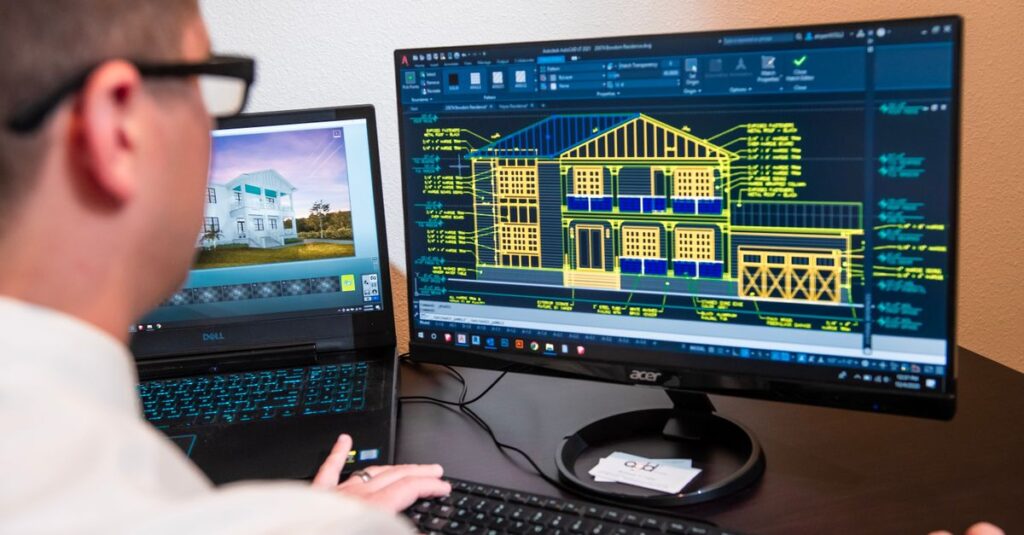 An architect reviews detailed house designs on dual monitors in a modern office setting.