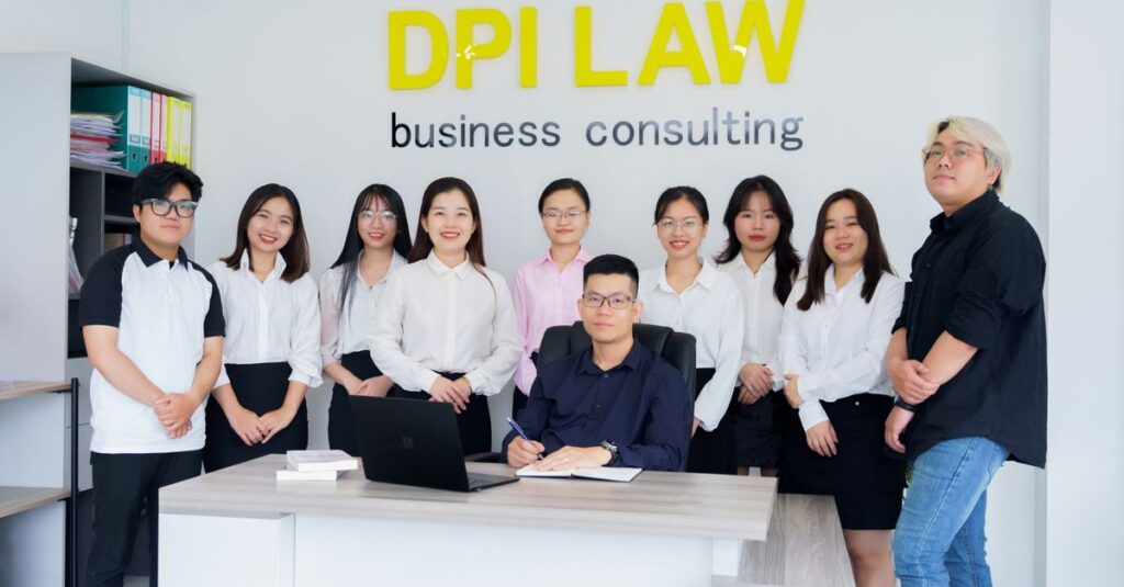 A diverse group of professionals in a business consulting office setting.