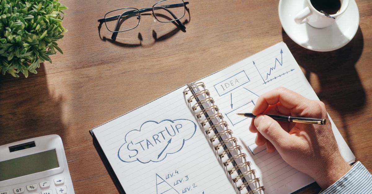 A creative workspace featuring startup planning on a notepad, eyeglasses, and a cup of coffee.