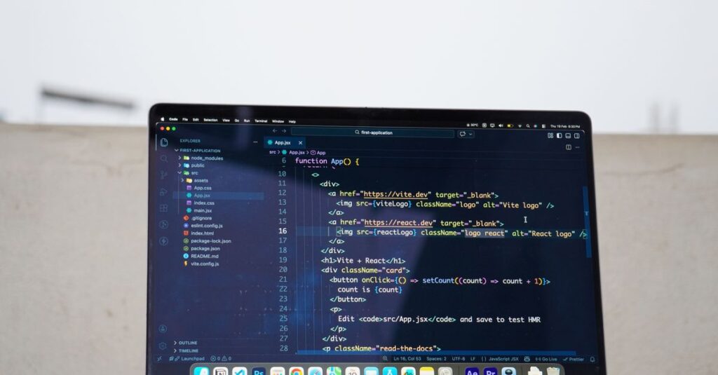 Laptop displaying code outdoors, ideal for remote work or freelance programming.