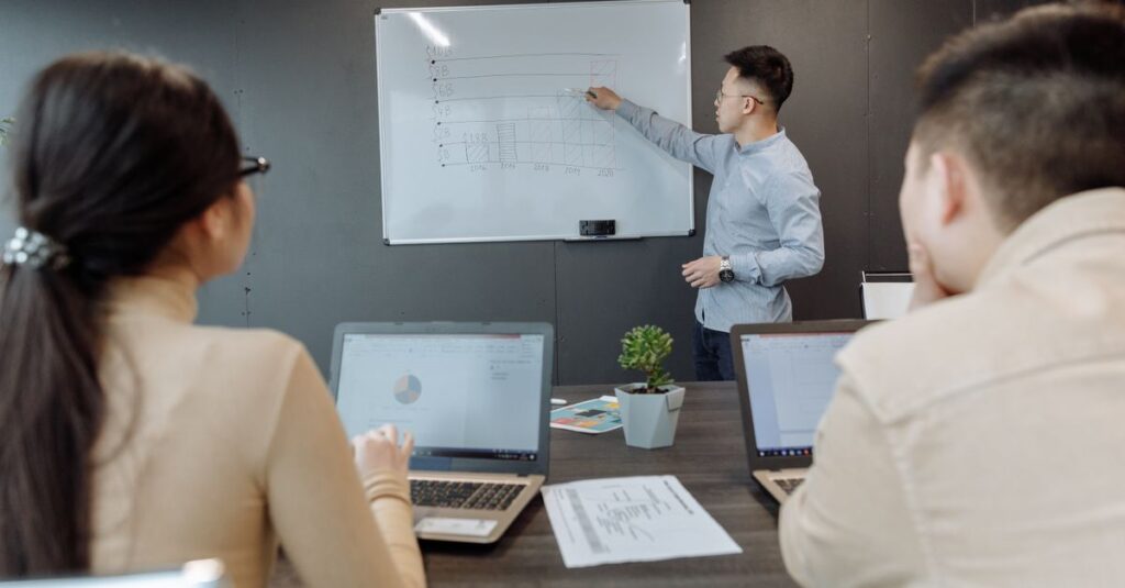Business team discussing project strategy during a meeting in a modern office.