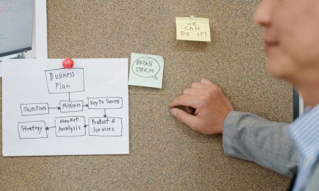 Office worker analyzing business plan on corkboard, boosting teamwork and strategic planning.
