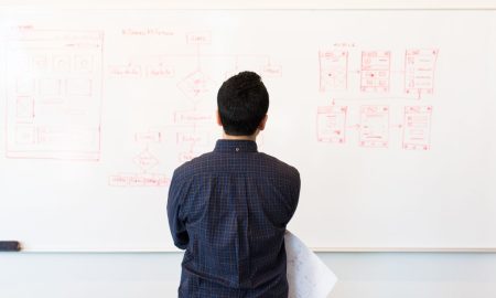 Man analyzing design flowchart on whiteboard in a professional office setting.