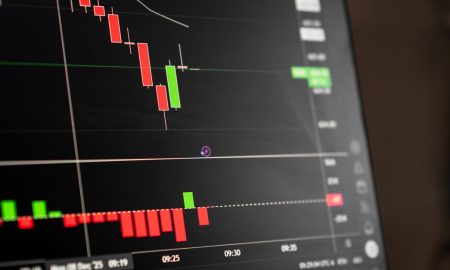 A close-up of a digital screen showing stock market candlestick chart data.