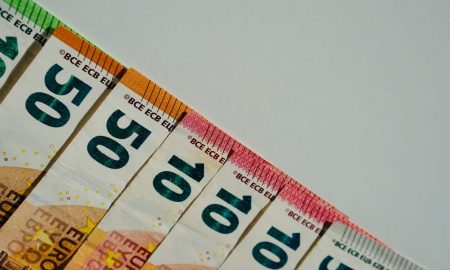 Close-up of various euro banknotes in different values on a plain background.