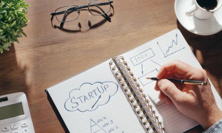 A creative workspace featuring startup planning on a notepad, eyeglasses, and a cup of coffee.