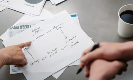 Hands pointing at a handwritten business strategy diagram over coffee.