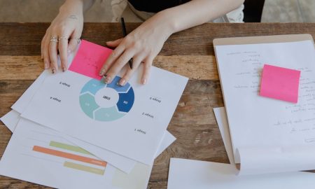 Overhead view of a workspace featuring data charts and sticky notes for business planning.