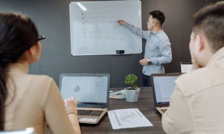 Business team discussing project strategy during a meeting in a modern office.