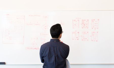 Man standing at a whiteboard planning UX design concepts in a modern office setting.